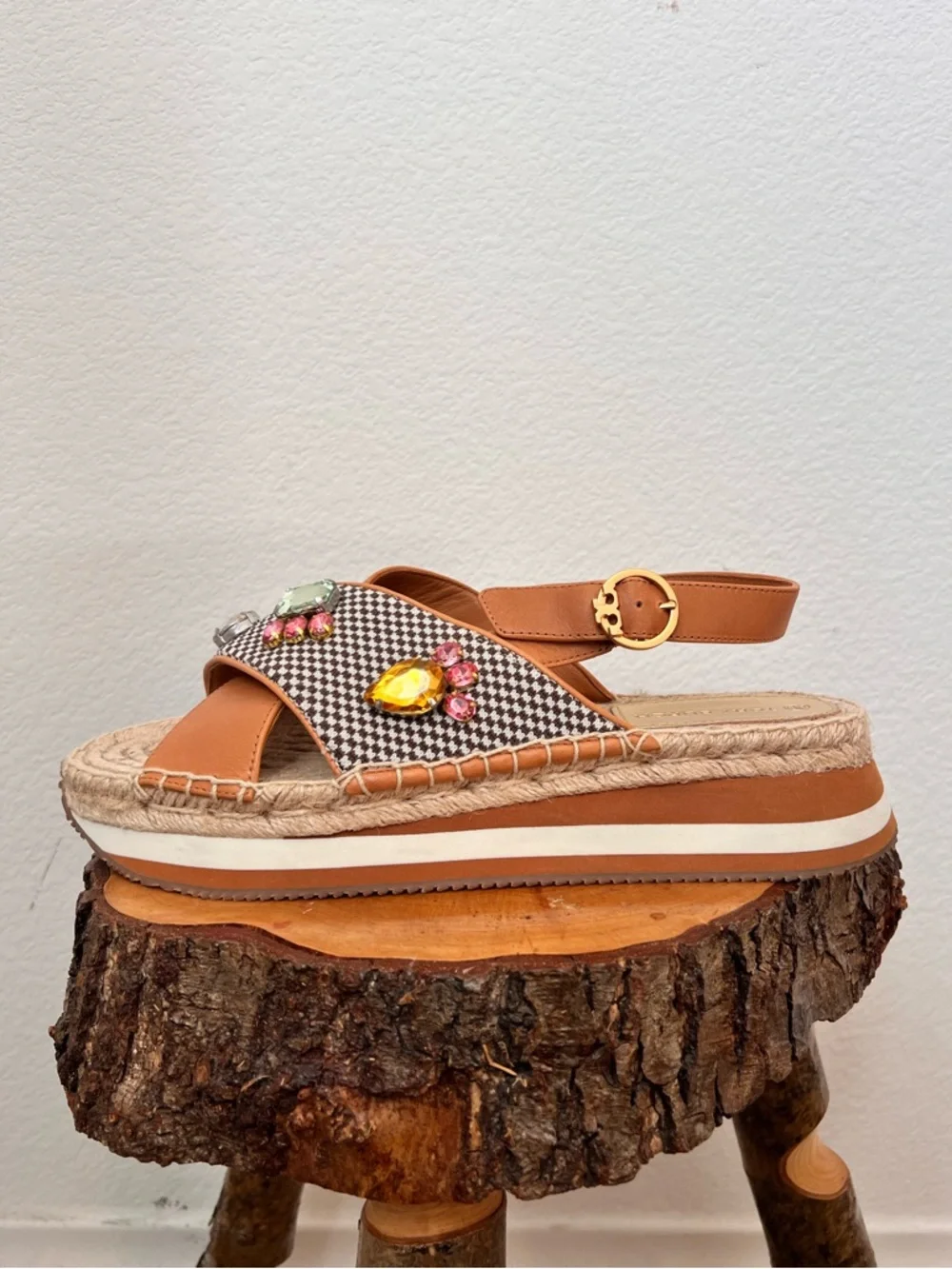 Tory Burch Brown Daisy Crystal Sandals 9.5 M in Desert Camel Open Toe Espadrille - Picture 5 of 9